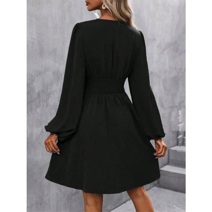 Kadın Uzun Kollu Kruvaze Yakalı Bel Korsajlı Mini Elbise