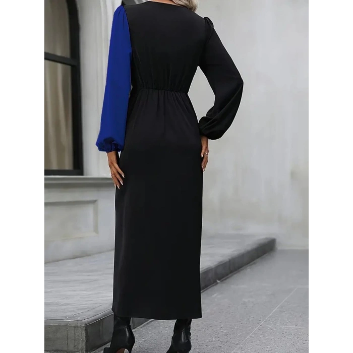 Kadın Uzun Kollu Kruvaze Yakalı Belden çapraz Detaylı çift Renkli Midi Ithal Krep Elbise