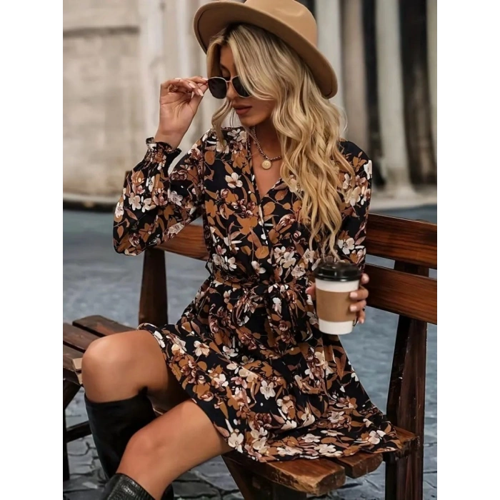 Kadın Uzun Kollu Kruvaze Yakalı Belden Kuşaklı çiçek Desenli Mikro Süprem Mini Elbise