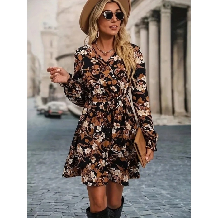 Kadın Uzun Kollu Kruvaze Yakalı Belden Kuşaklı çiçek Desenli Mikro Süprem Mini Elbise