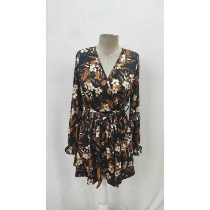 Kadın Uzun Kollu Kruvaze Yakalı Belden Kuşaklı çiçek Desenli Mikro Süprem Mini Elbise