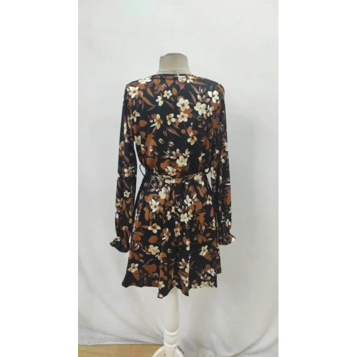 Kadın Uzun Kollu Kruvaze Yakalı Belden Kuşaklı çiçek Desenli Mikro Süprem Mini Elbise