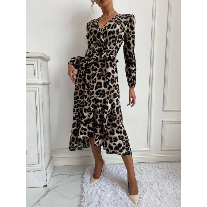 Kadın Uzun Kollu Kruvaze Yakalı Belden Kuşaklı Leopar