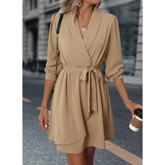 Kadın Uzun Kollu Kruvaze Yakalı Belden Kuşaklı Mini çift Katlı Ithal Krep Elbise