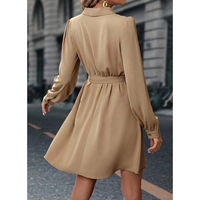 Kadın Uzun Kollu Kruvaze Yakalı Belden Kuşaklı Mini çift Katlı Ithal Krep Elbise