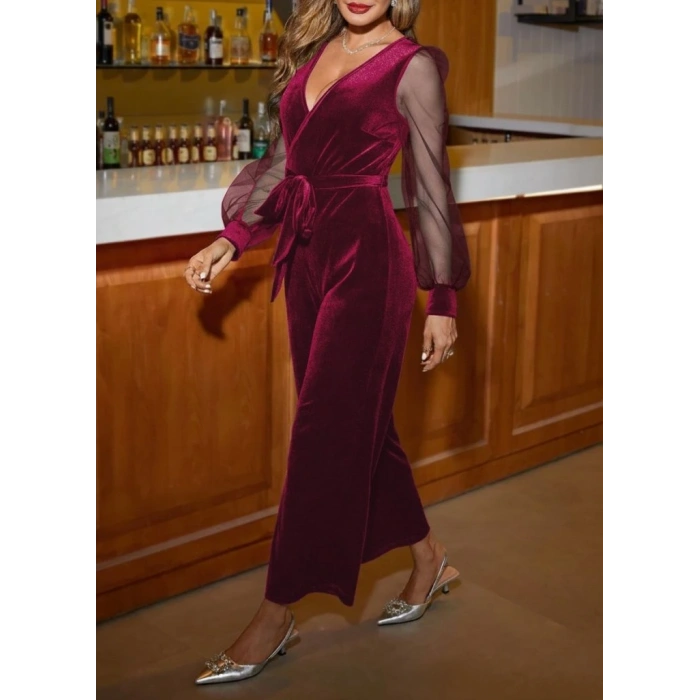 Kadın Uzun Kollu Kruvaze Yakalı Belden Kuşaklı Tül Detaylı Kadife Tulum