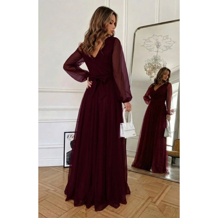 Kadın Uzun Kollu Kruvaze Yakalı Belden Kuşaklı Tüllü Uzun Ithal Krep Elbise