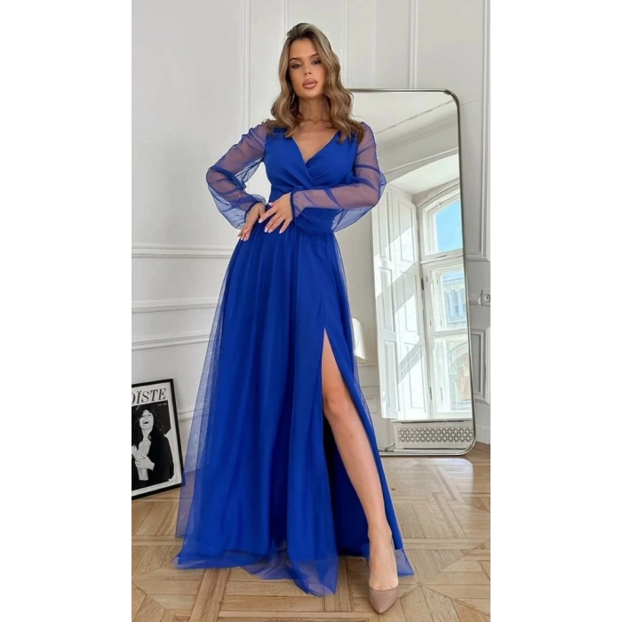 Kadın Uzun Kollu Kruvaze Yakalı Belden Kuşaklı Tüllü Uzun Ithal Krep Elbise