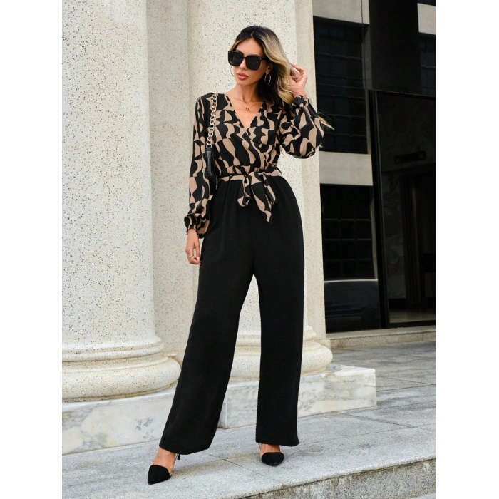 Kadın Uzun Kollu Kruvaze Yakalı Belden Kuşaklı üst Dalgıç Alt Ithal Krep Tulum