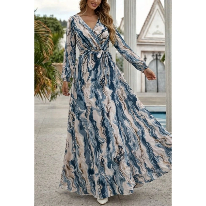 Kadın Uzun Kollu Kruvaze Yakalı Beli Kuşaklı Desenli Süprem Maxi Elbise