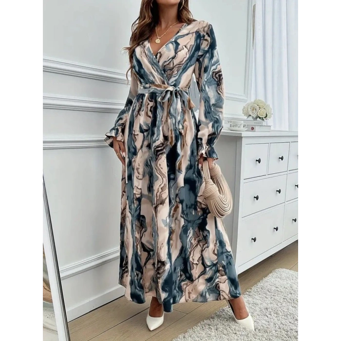 Kadın Uzun Kollu Kruvaze Yakalı Beli Kuşaklı Desenli Süprem Maxi Elbise