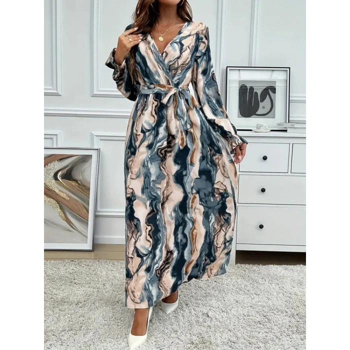 Kadın Uzun Kollu Kruvaze Yakalı Beli Kuşaklı Desenli Süprem Maxi Elbise