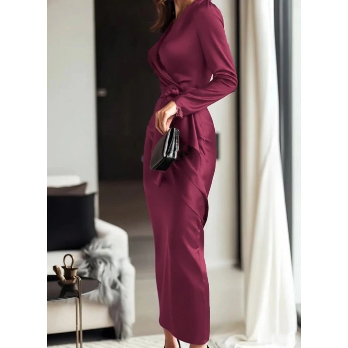 Kadın Uzun Kollu Kruvaze Yakalı Beli Kuşaklı Uzun Saten Elbise
