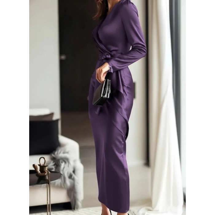 Kadın Uzun Kollu Kruvaze Yakalı Beli Kuşaklı Uzun Saten Elbise