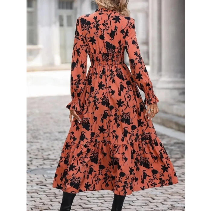 Kadın Uzun Kollu Kruvaze Yakalı çiçek Desenli Maksi Süprem Elbise