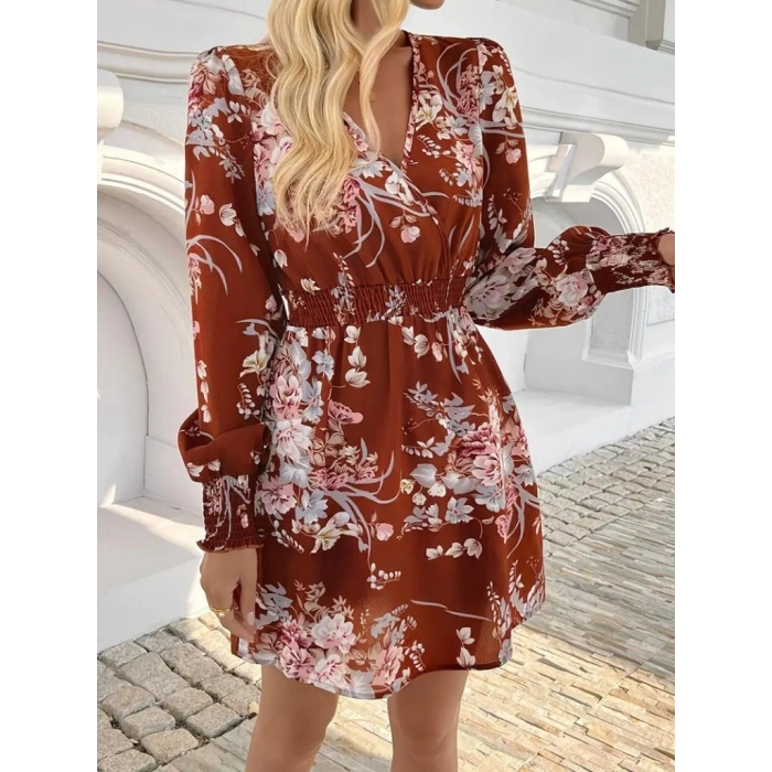 Kadın Uzun Kollu Kruvaze Yakalı çiçek Desenli Mini Süprem Elbise