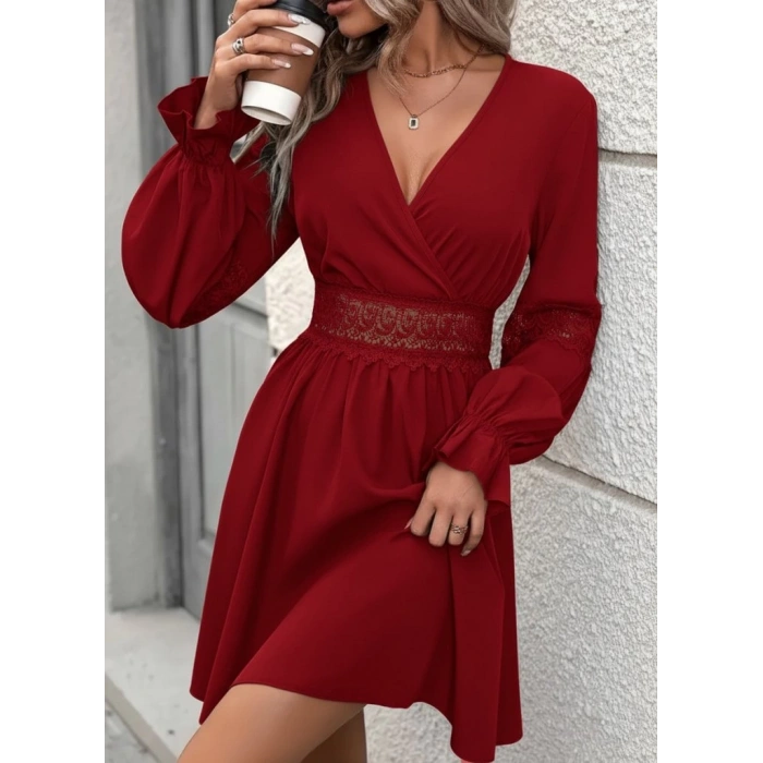 Kadın Uzun Kollu Kruvaze Yakalı Dantelli Fermuar Detaylı Mini Ithal Krep Elbise