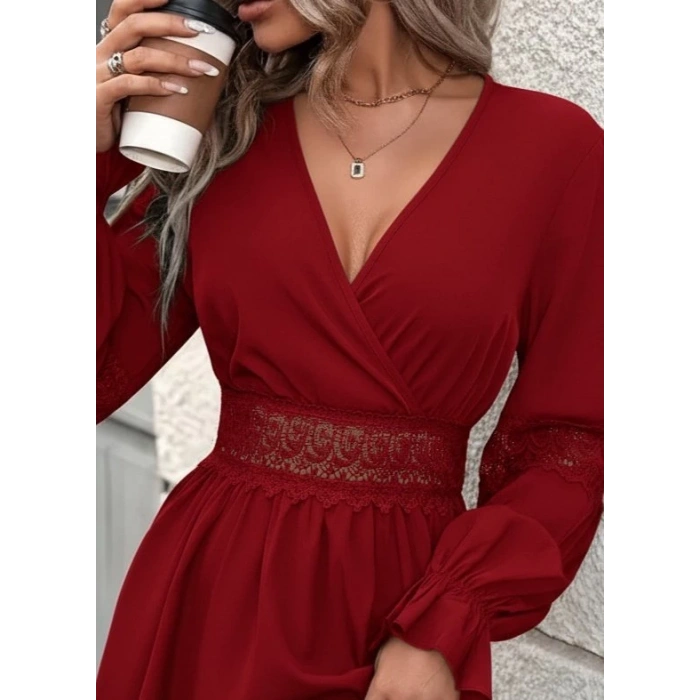 Kadın Uzun Kollu Kruvaze Yakalı Dantelli Fermuar Detaylı Mini Ithal Krep Elbise
