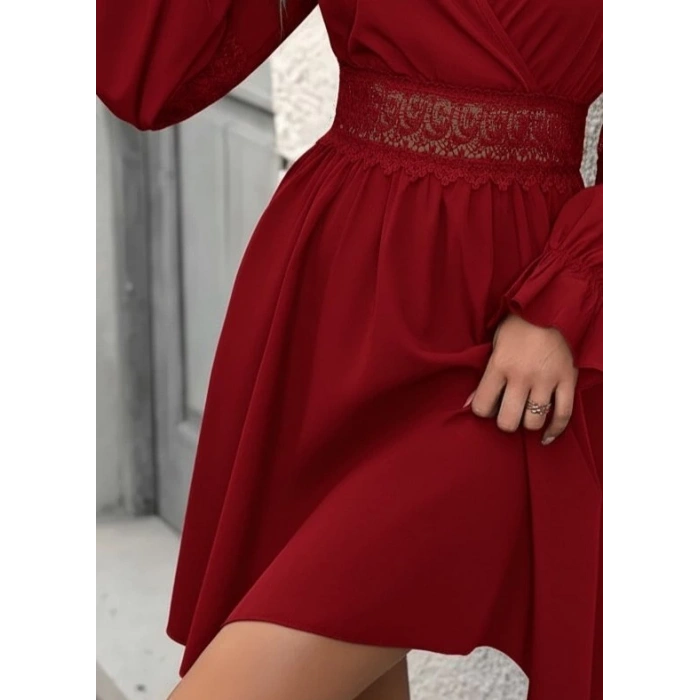Kadın Uzun Kollu Kruvaze Yakalı Dantelli Fermuar Detaylı Mini Ithal Krep Elbise