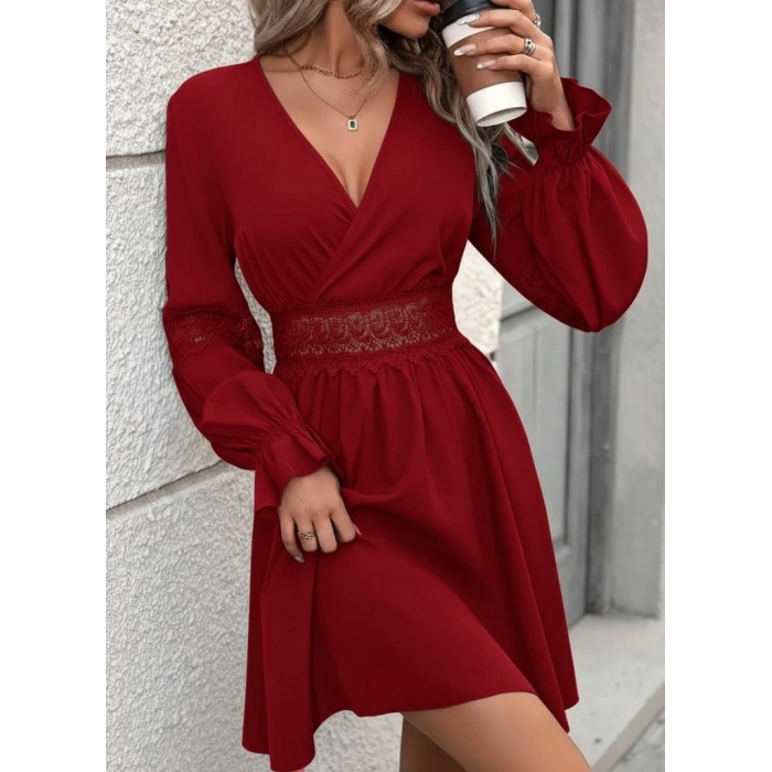 Kadın Uzun Kollu Kruvaze Yakalı Dantelli Fermuar Detaylı Mini Ithal Krep Elbise