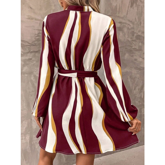 Kadın Uzun Kollu Kruvaze Yakalı Desenli Modal Mini Elbise