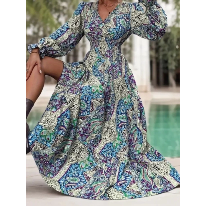Kadın Uzun Kollu Kruvaze Yakalı Desenli Süprem Maxi Elbise