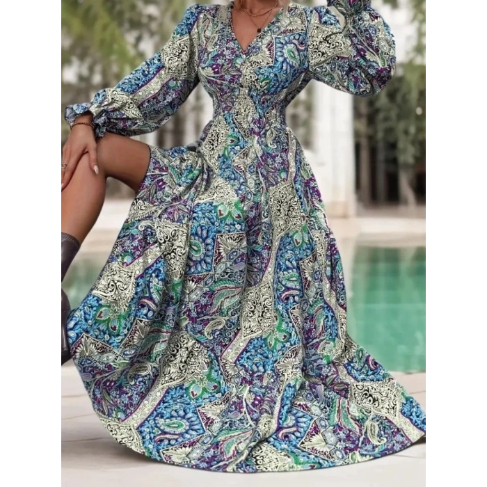 Kadın Uzun Kollu Kruvaze Yakalı Desenli Süprem Maxi Elbise