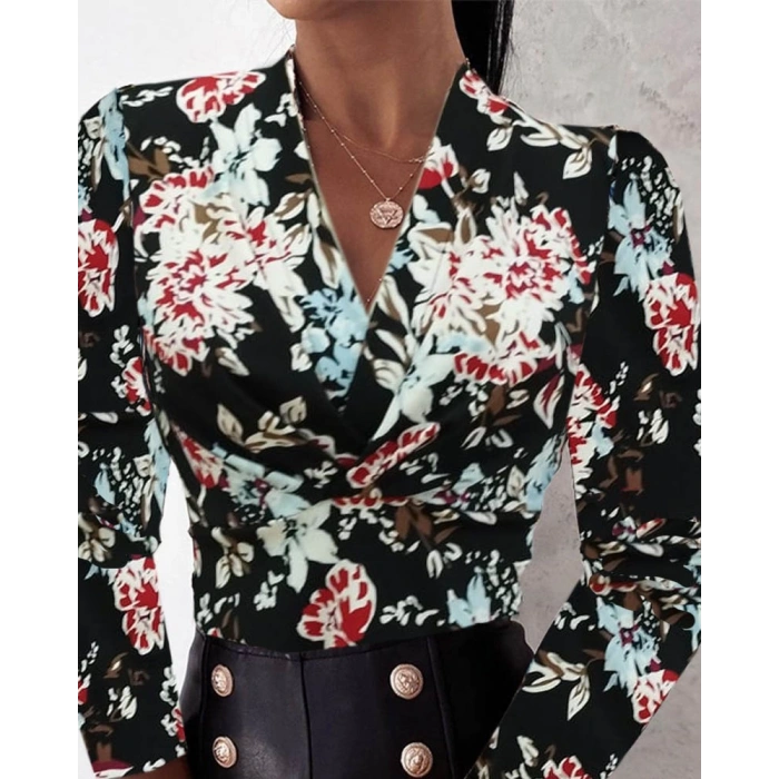 Kadın Uzun Kollu Kruvaze Yakalı Kelebek Desenli şardonlu Dalgıç Bluz