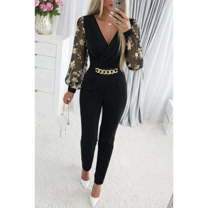 Kadın Uzun Kollu Kruvaze Yakalı Kolları çiçek Desenli Janjan Krep Tulum