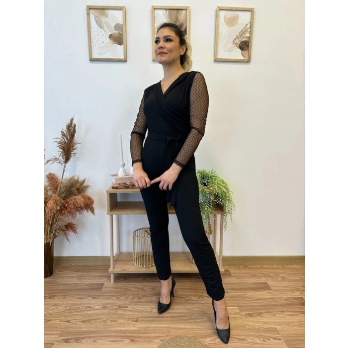 Kadın Uzun Kollu Kruvaze Yakalı Kolları Tül Detay Beli Kuşaklı Ithal Krep Tulum