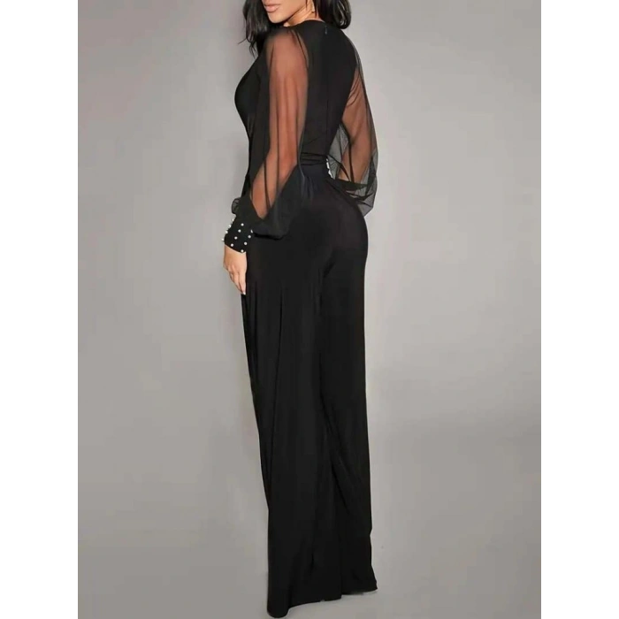 Kadın Uzun Kollu Kruvaze Yakalı Kolları Tüllü Viskon Tulum