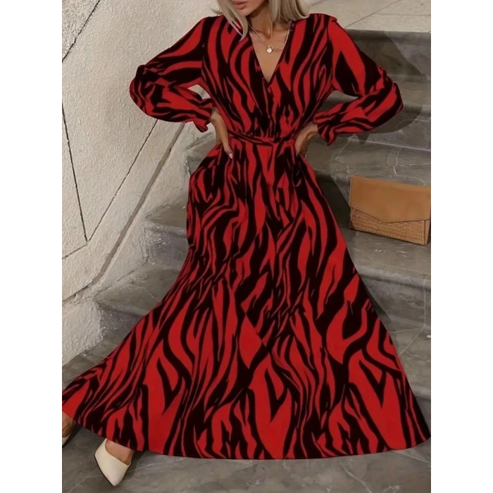 Kadın Uzun Kollu Kruvaze Yakalı Kuşaklı Zebra Desenli Süprem Maxi Elbise