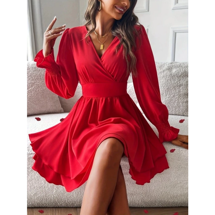 Kadın Uzun Kollu Kruvaze Yakalı Mini Sandy Elbise