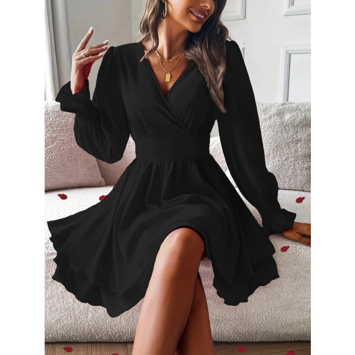 Kadın Uzun Kollu Kruvaze Yakalı Mini Sandy Elbise