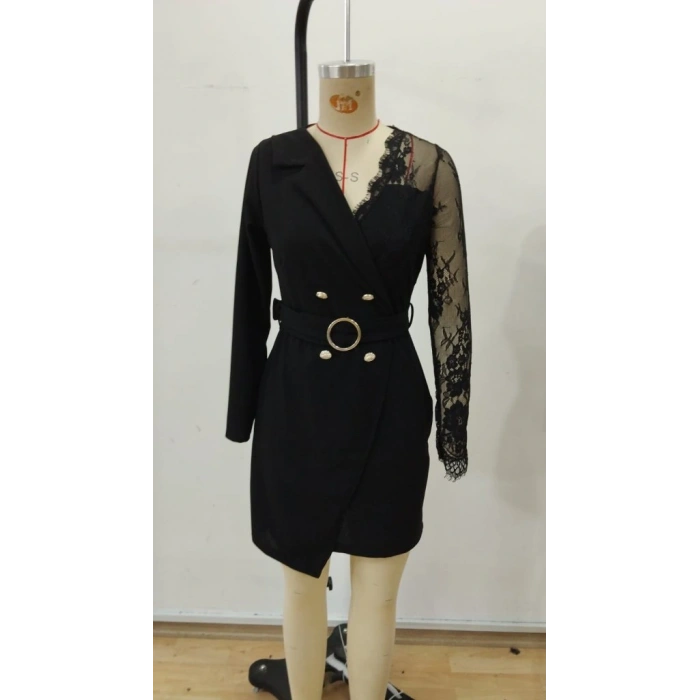 Kadın Uzun Kollu Kruvaze Yakalı önden Düğmeli Kısa Ithal Krep Elbise