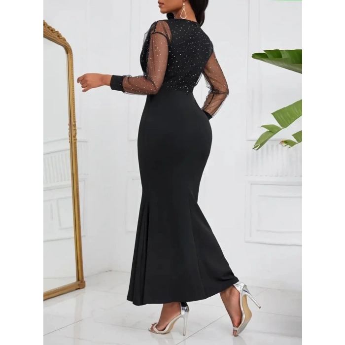 Kadın Uzun Kollu Kruvaze Yakalı Taş Ve Tül Detaylı Uzun Ithal Krep Elbise