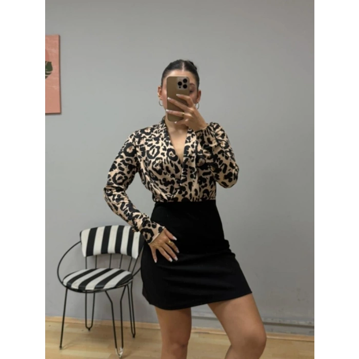 Kadın Uzun Kollu Kruvaze Yakalı üst Dalgıç Alt Ithal Krep Mini Elbise