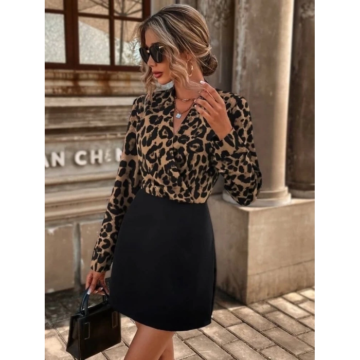 Kadın Uzun Kollu Kruvaze Yakalı üst Dalgıç Alt Ithal Krep Mini Elbise