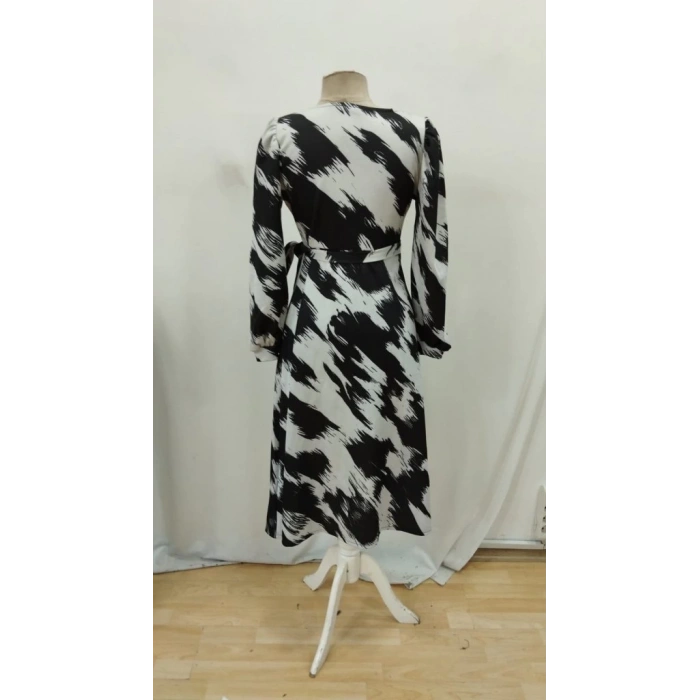 Kadın Uzun Kollu Kruvaze Yakalı Yandan Bağlamalı Desenli Mini Modal Elbise