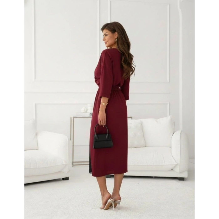 Kadın Uzun Kollu Kruvaze Yakalı Yandan Dantelli Midi Ithal Krep Elbise