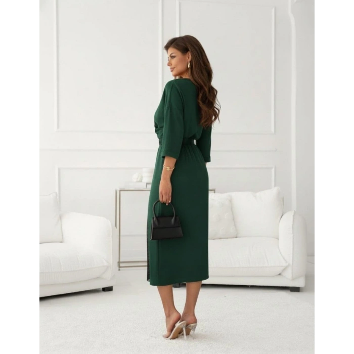 Kadın Uzun Kollu Kruvaze Yakalı Yandan Dantelli Midi Ithal Krep Elbise