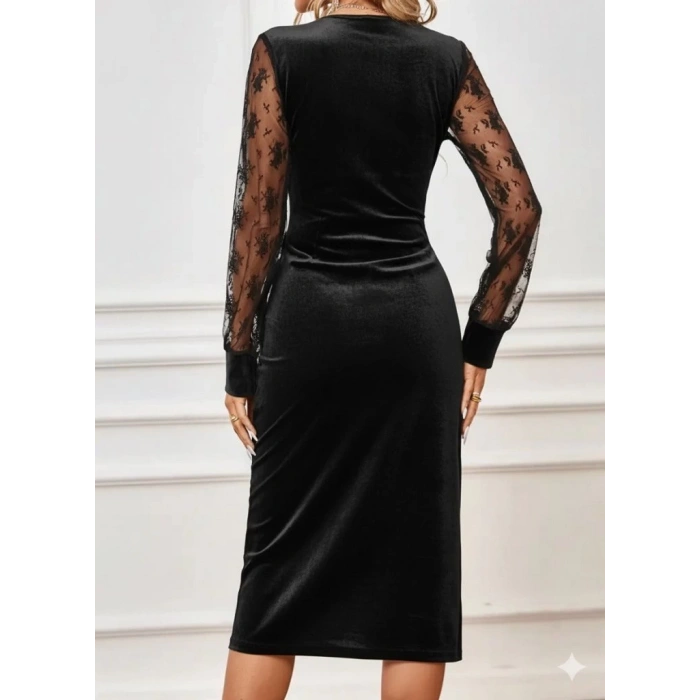 Kadın Uzun Kollu Kruvaze Yakalı Yandan Düğmeli önden çapraz Kesin Detaylı Midi Kadife Elbise