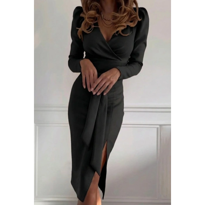 Kadın Uzun Kollu Kruvaze Yakalı Yandan Yırtmaçlı Belden Kuşaklı Midi Ithal Krep Elbise