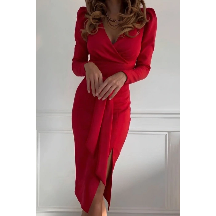 Kadın Uzun Kollu Kruvaze Yakalı Yandan Yırtmaçlı Belden Kuşaklı Midi Ithal Krep Elbise