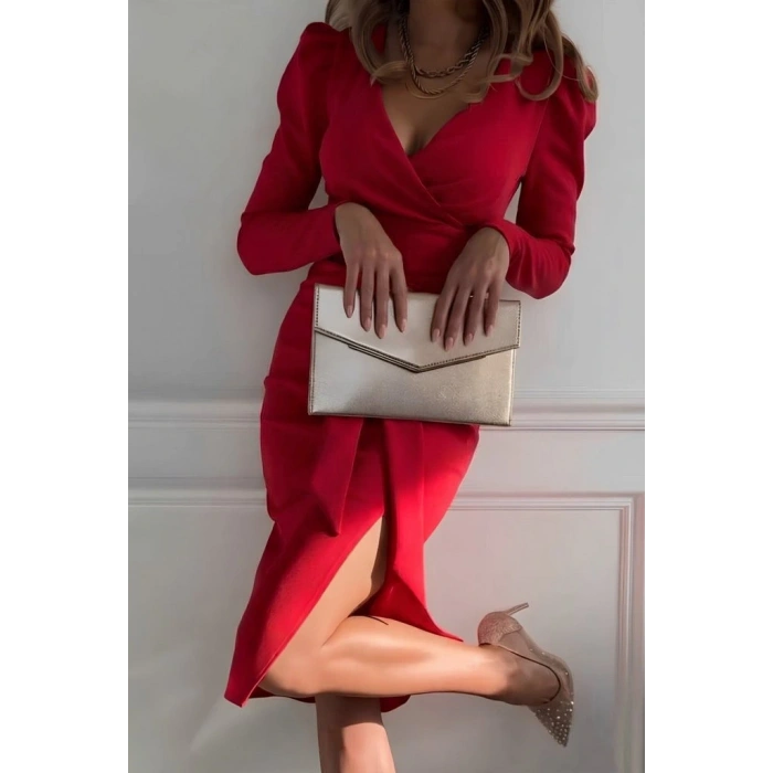 Kadın Uzun Kollu Kruvaze Yakalı Yandan Yırtmaçlı Belden Kuşaklı Midi Ithal Krep Elbise