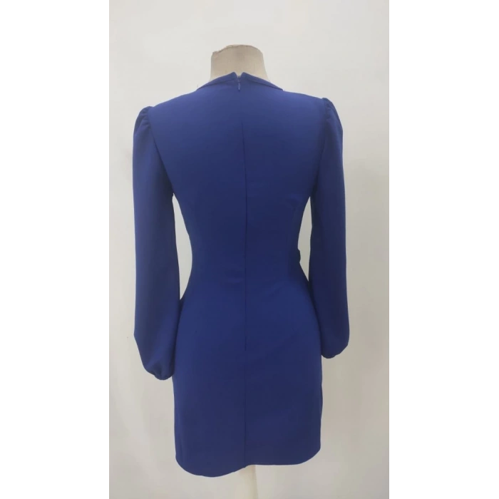 Kadın Uzun Kollu Kruvaze Yakalı Yanlardan Büzgü Detaylı Ithal Krep Kısa Elbise