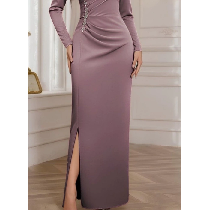 Kadın Uzun Kollu Kruvaze Yakalı Yanları Taşlı Yırtmaçlı Uzun Ithal Krep Elbise