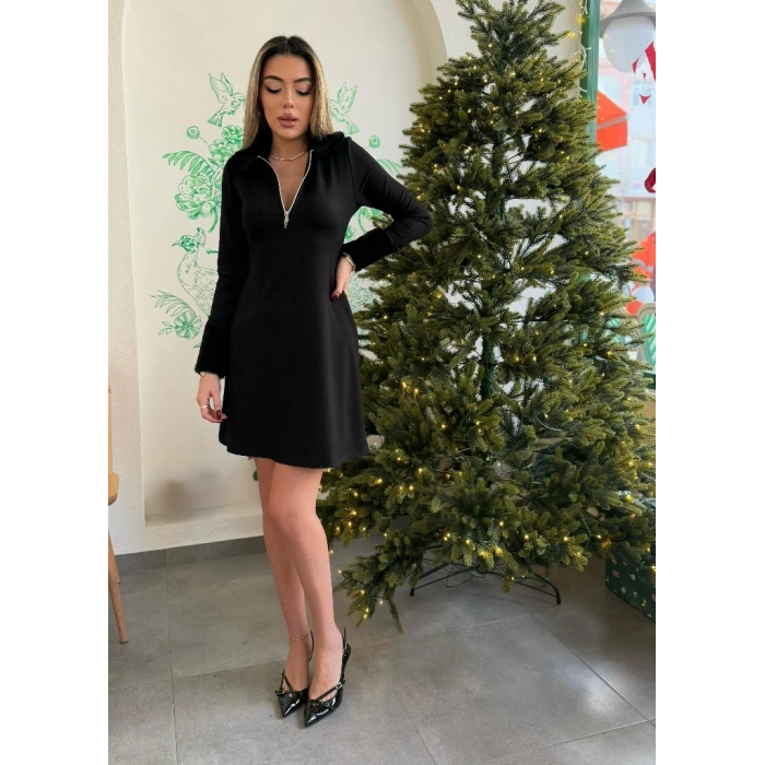 Kadın Uzun Kollu Kürk Yakalı Fermuarlı Kısa Viskon Iki Iplik Elbise