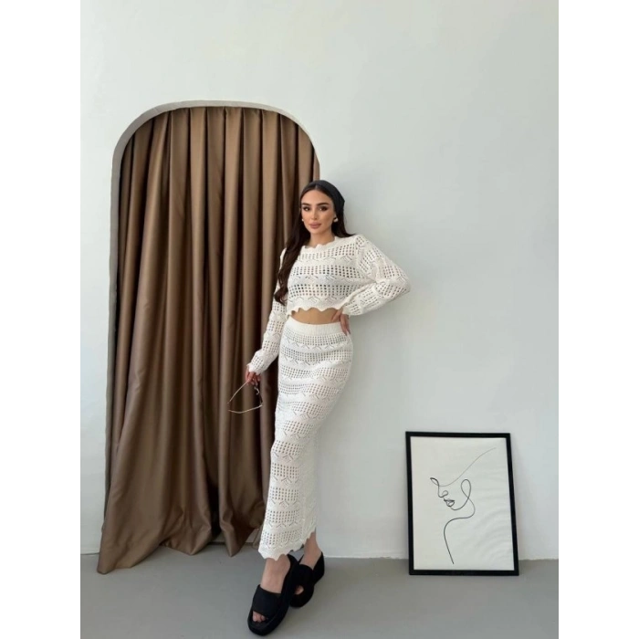 Kadın Uzun Kollu Kuş Gözü Transparan Detay Triko Bluz Ve Maxi Boy Etek Ikili Takım