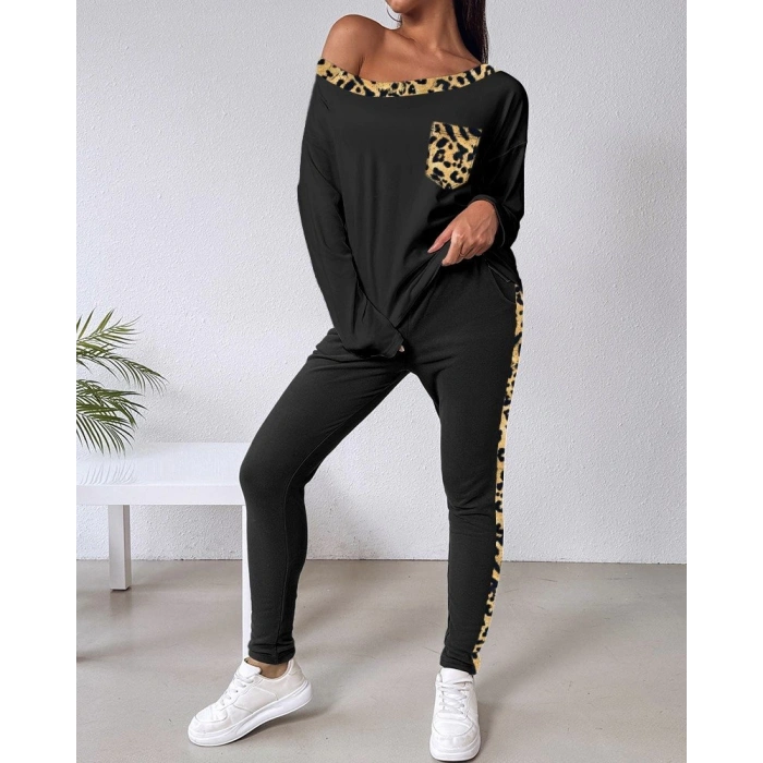 Kadın Uzun Kollu Leopar Detay Viskon Iki Iplik Ikili Takım